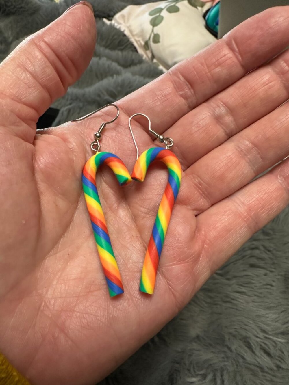 Rainbow Candy Cane Earrings Surgical Steel Holiday Jewelry Colorful Dangle 3"